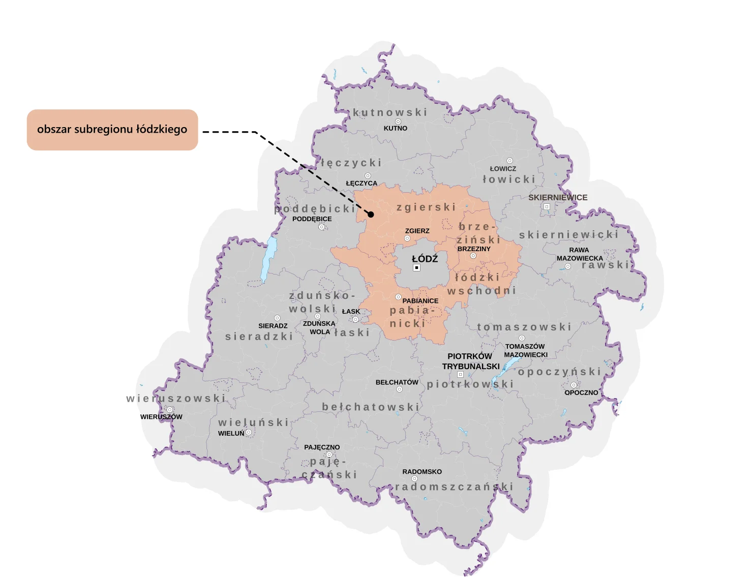 Mapa obszaru subregionu łódzkiego
