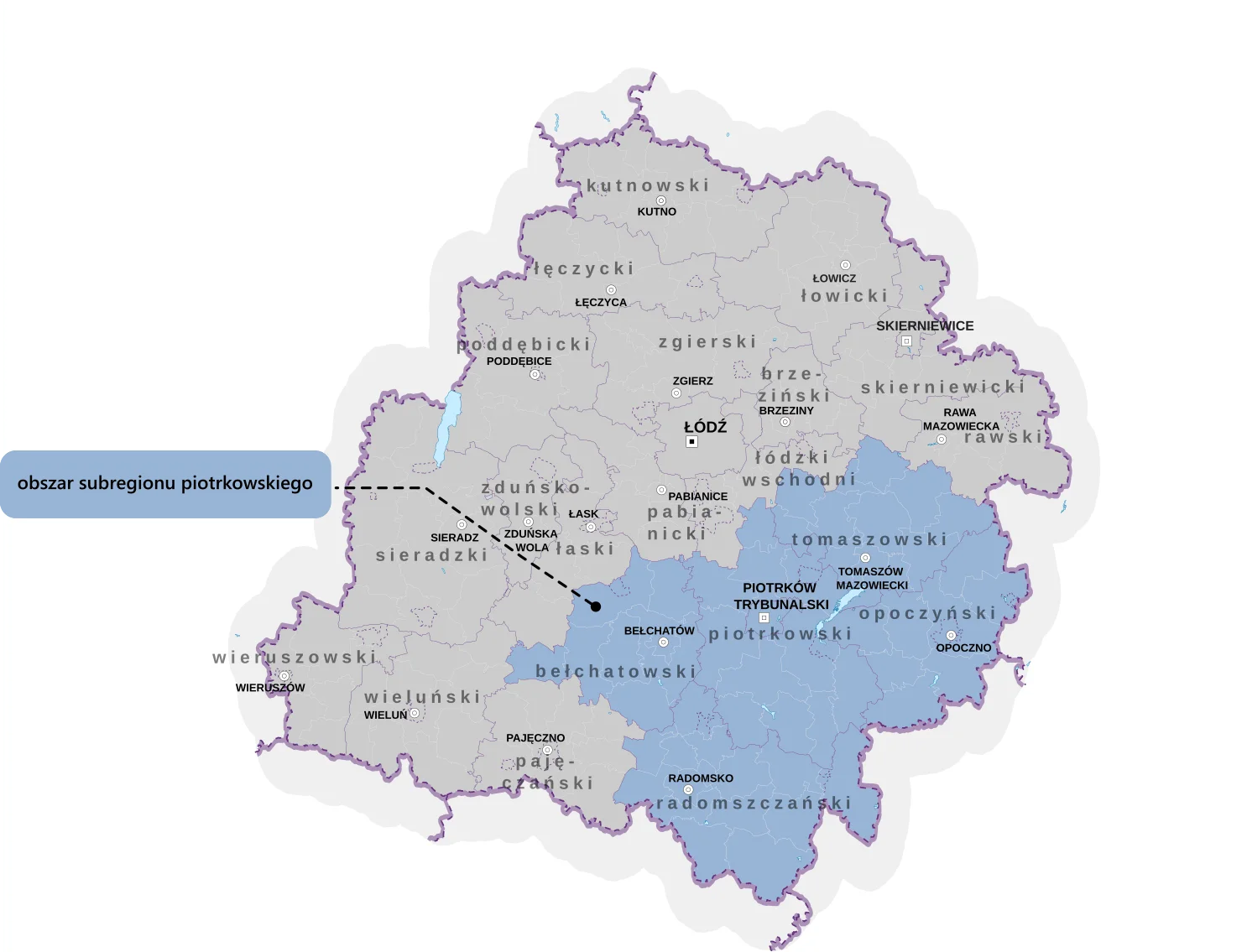 Mapa obszaru subregionu piotrkowskiego