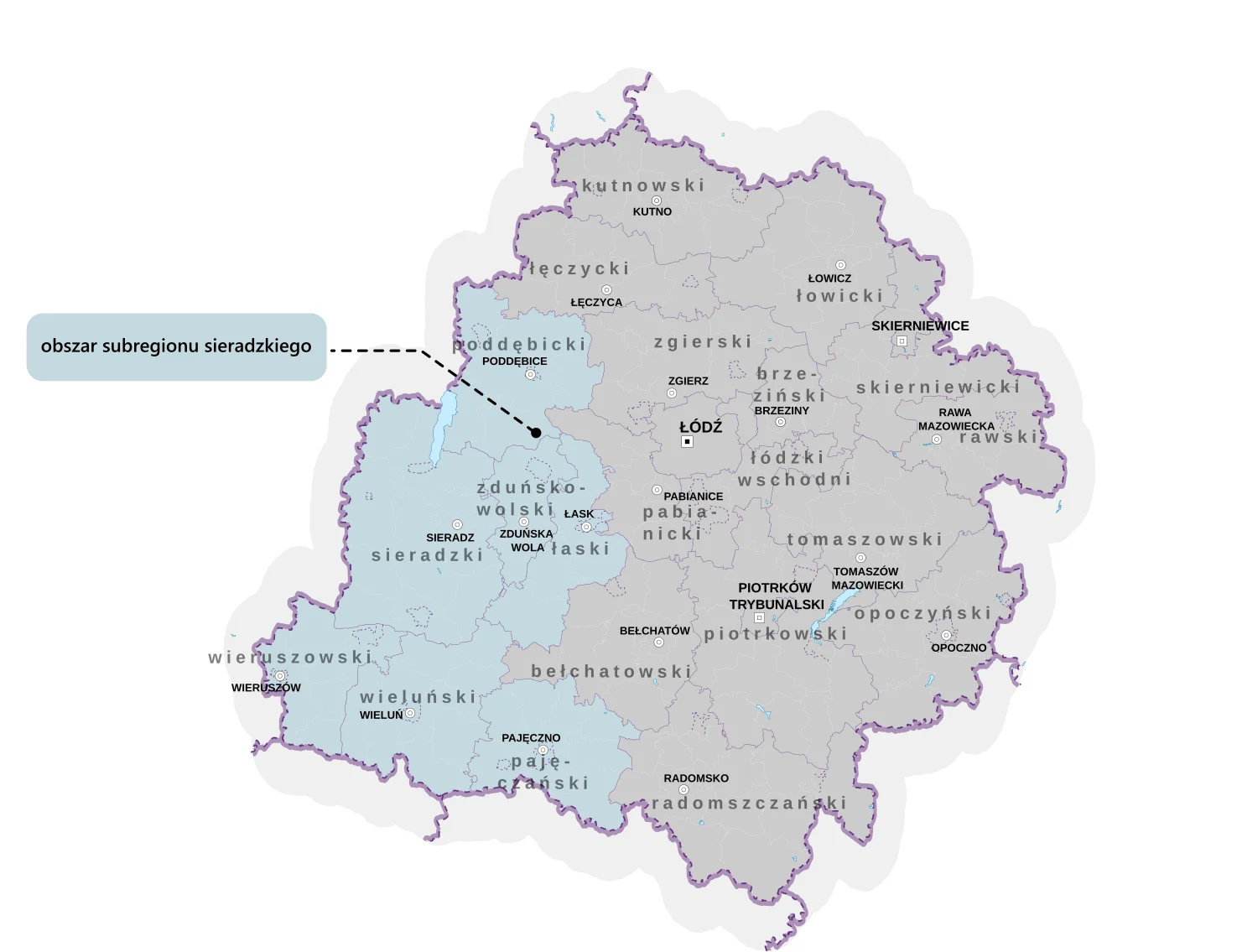 Mapa obszaru subregionu sieradzkiego